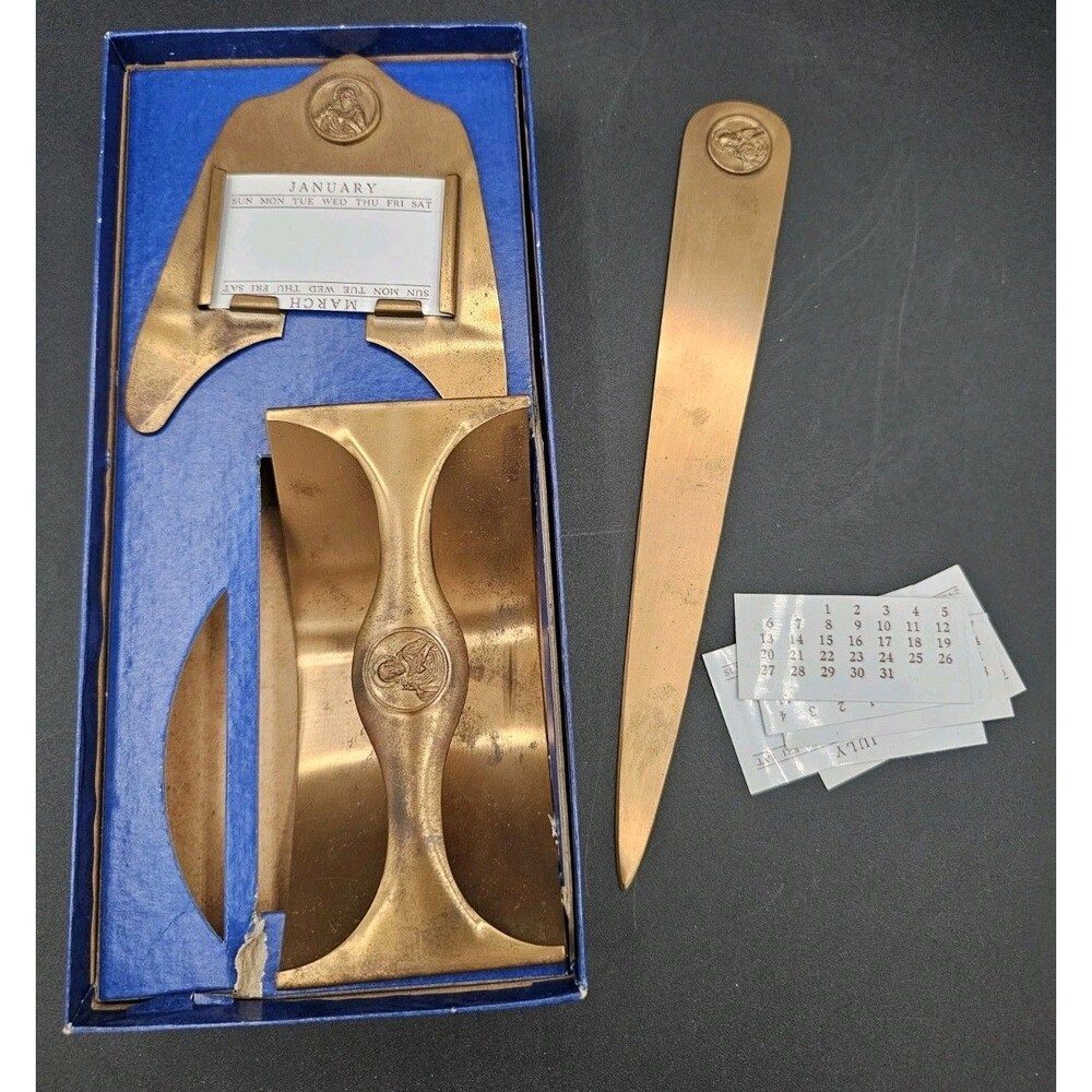 Desk Accessories Set Calendar Letter Opener Blotter Bronze Sacred Heart Jesus